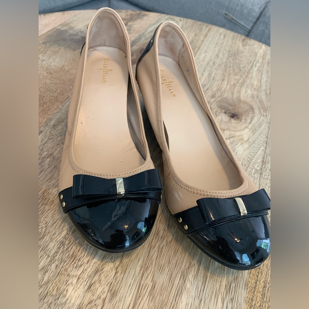 Cole Haan Beige and Black Patent Bow Wedge Flats
